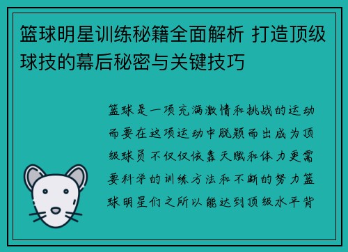 篮球明星训练秘籍全面解析 打造顶级球技的幕后秘密与关键技巧